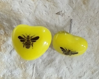 Yellow Fused Glass Heart Shaped Bee Post Earrings