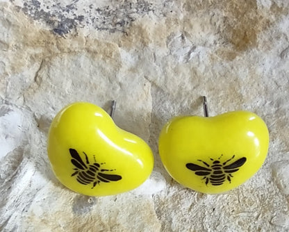 Yellow Fused Glass Heart Shaped Bee Post Earrings