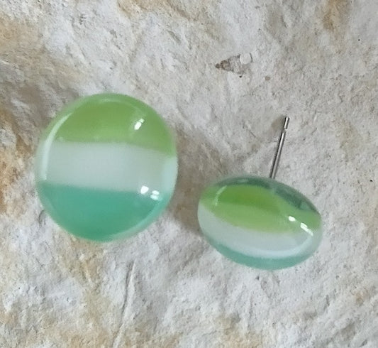 Greens and White Striped Fused Glass Post Earrings