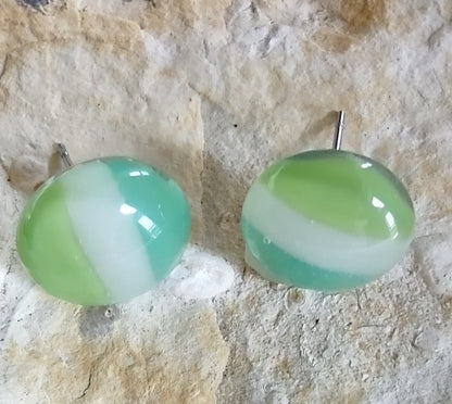 Greens and White Striped Fused Glass Post Earrings