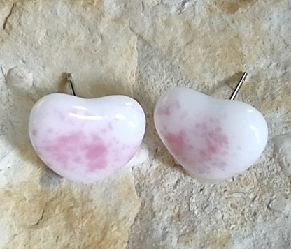 White with Pink Valentine Fused Glass Heart Earring Posts