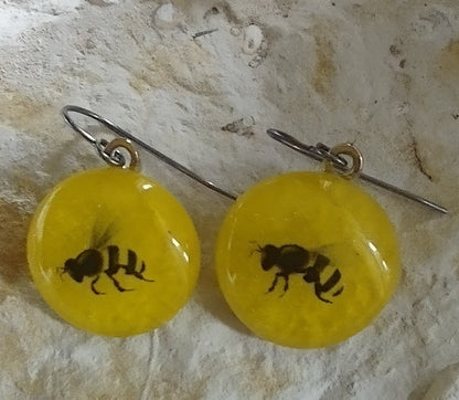 Fused Glass Bee Dangle Earrings
