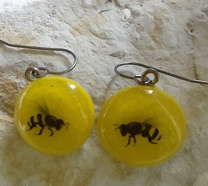 Fused Glass Round Bee Dangle Earrings