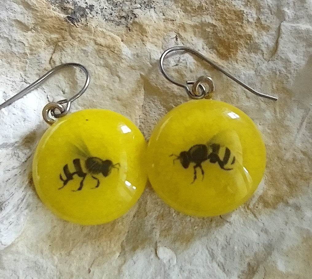 Fused Glass Round Bee Dangle Earrings