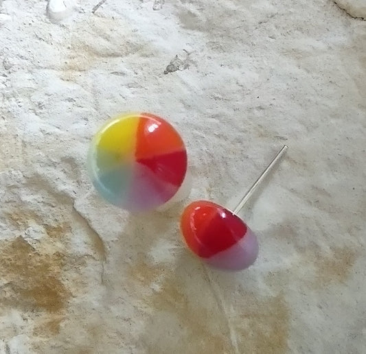 Rainbow Colors Pinwheel Fused Glass Earring Posts