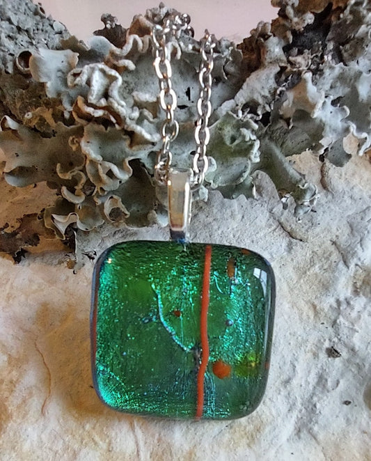 Green Dichroic Square Pendant with Chain