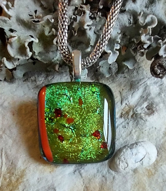 Green and Red Dichroic Square Pendant with Mesh Chain