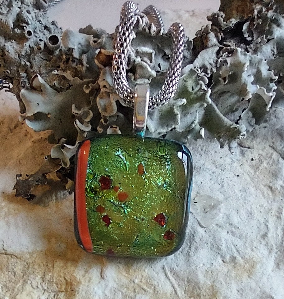 Green and Red Dichroic Square Pendant with Mesh Chain