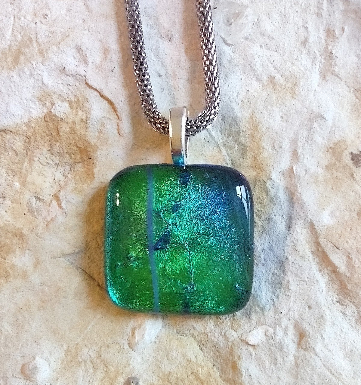 Green/Blue Dichroic Square Pendant with Mesh Chain