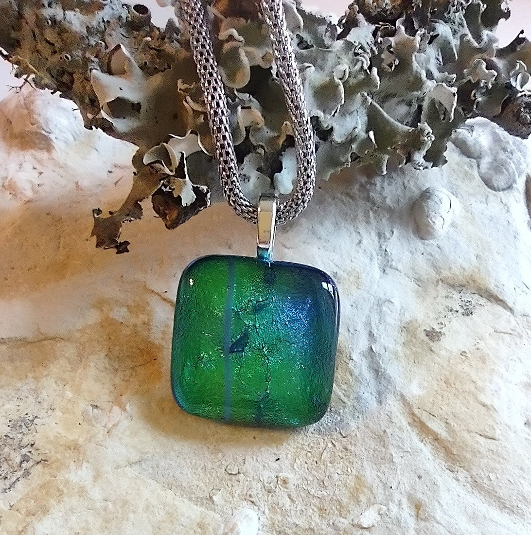 Green/Blue Dichroic Square Pendant with Mesh Chain