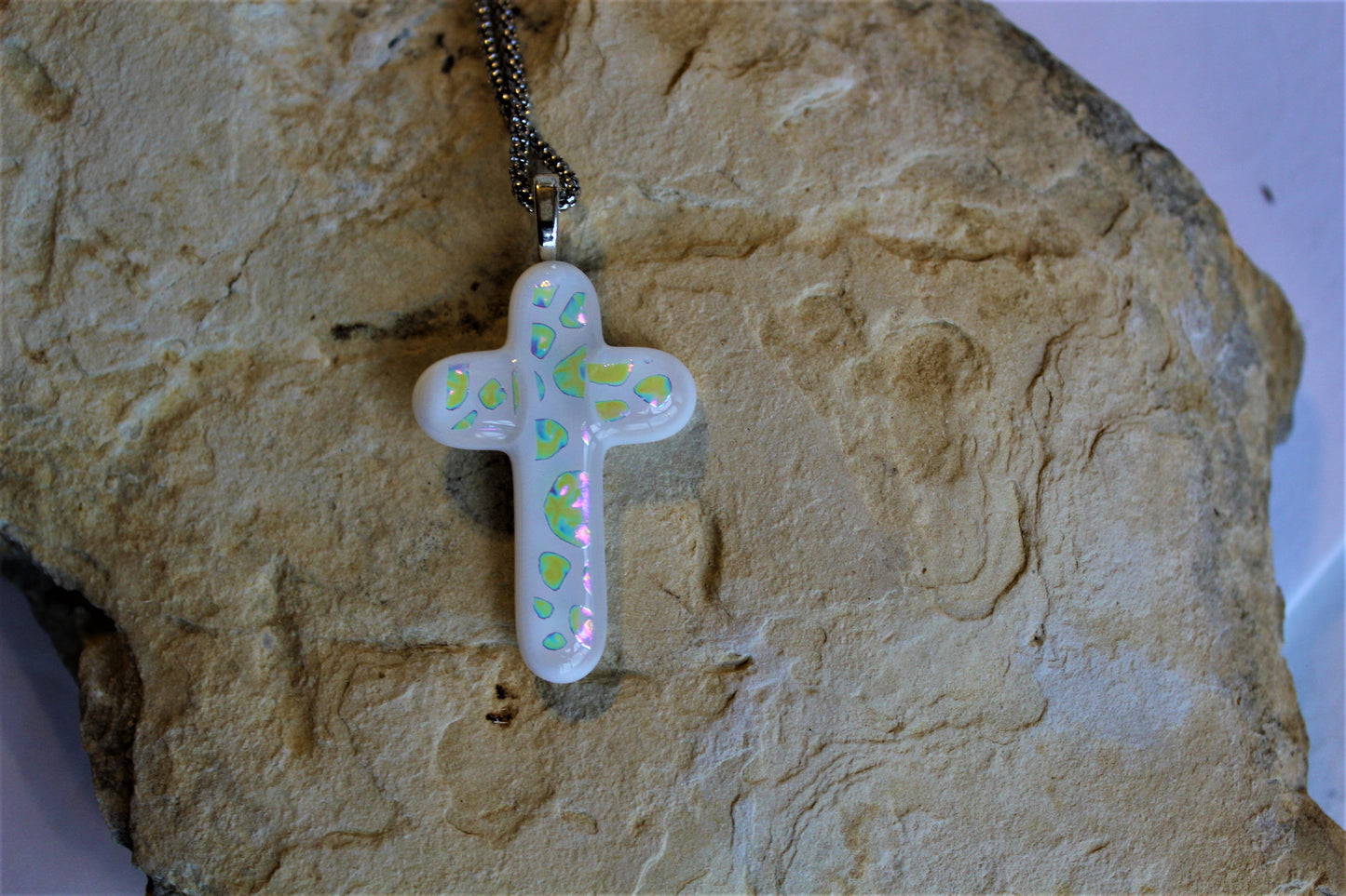 White Dichroic Glass Cross Pendant with Chain