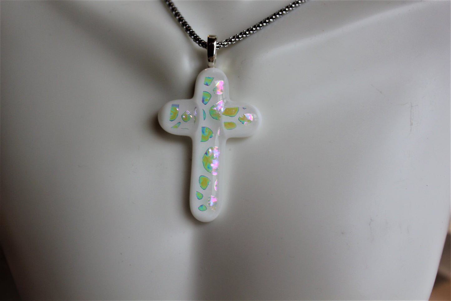 White Dichroic Glass Cross Pendant with Chain