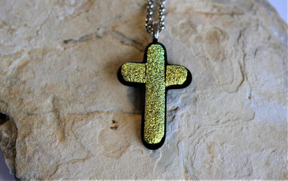 Sparkly Yellow Dichroic Glass Cross Pendant with Chain