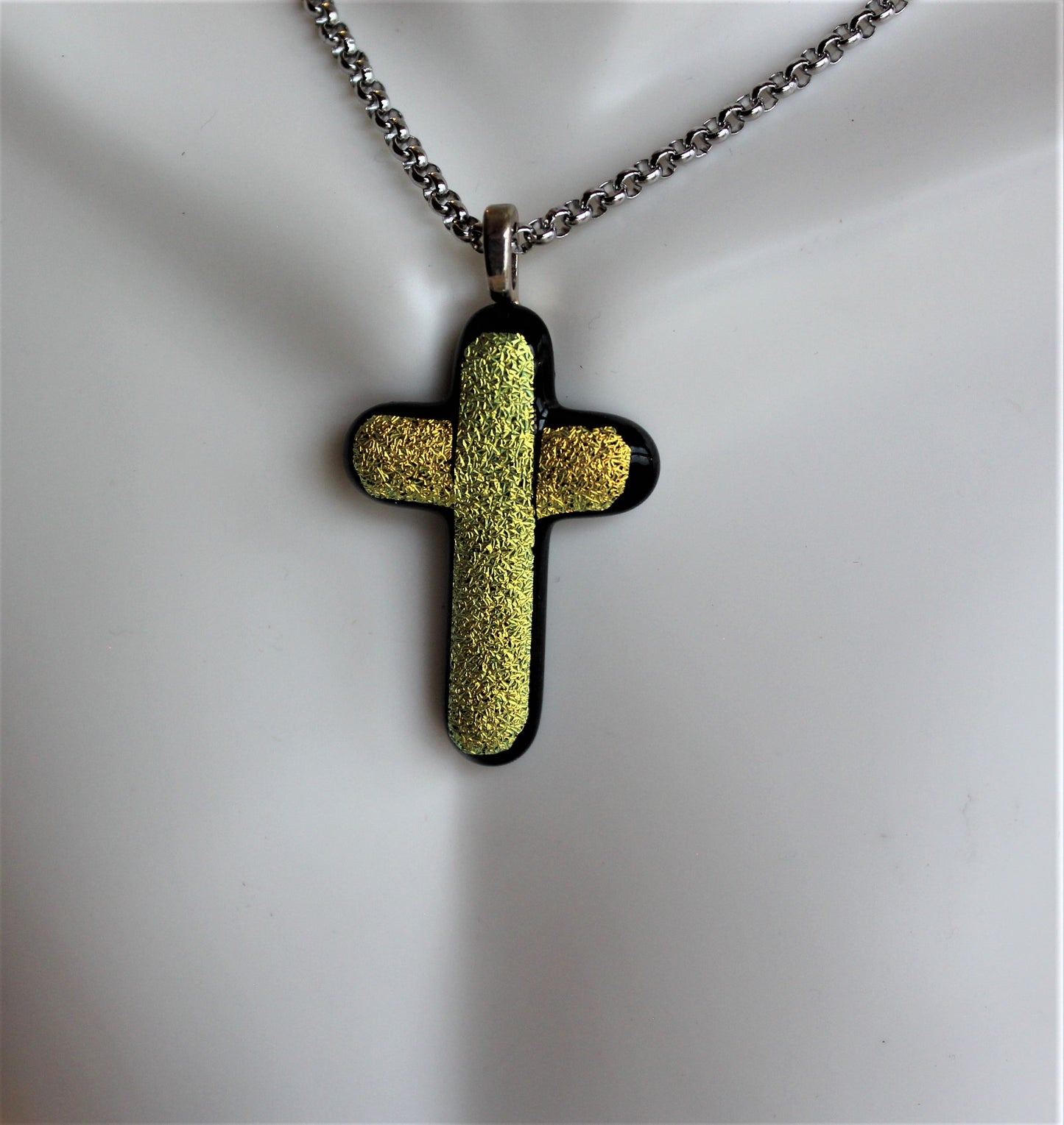 Sparkly Yellow Dichroic Glass Cross Pendant with Chain
