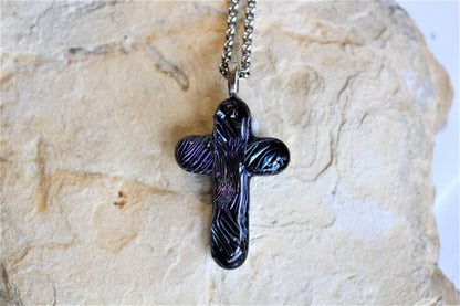 Dichroic Glass Cross Pendant with Chain