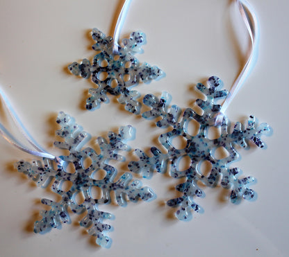 Set of 3  Fused Glass Snowflake Christmas Tree Ornaments