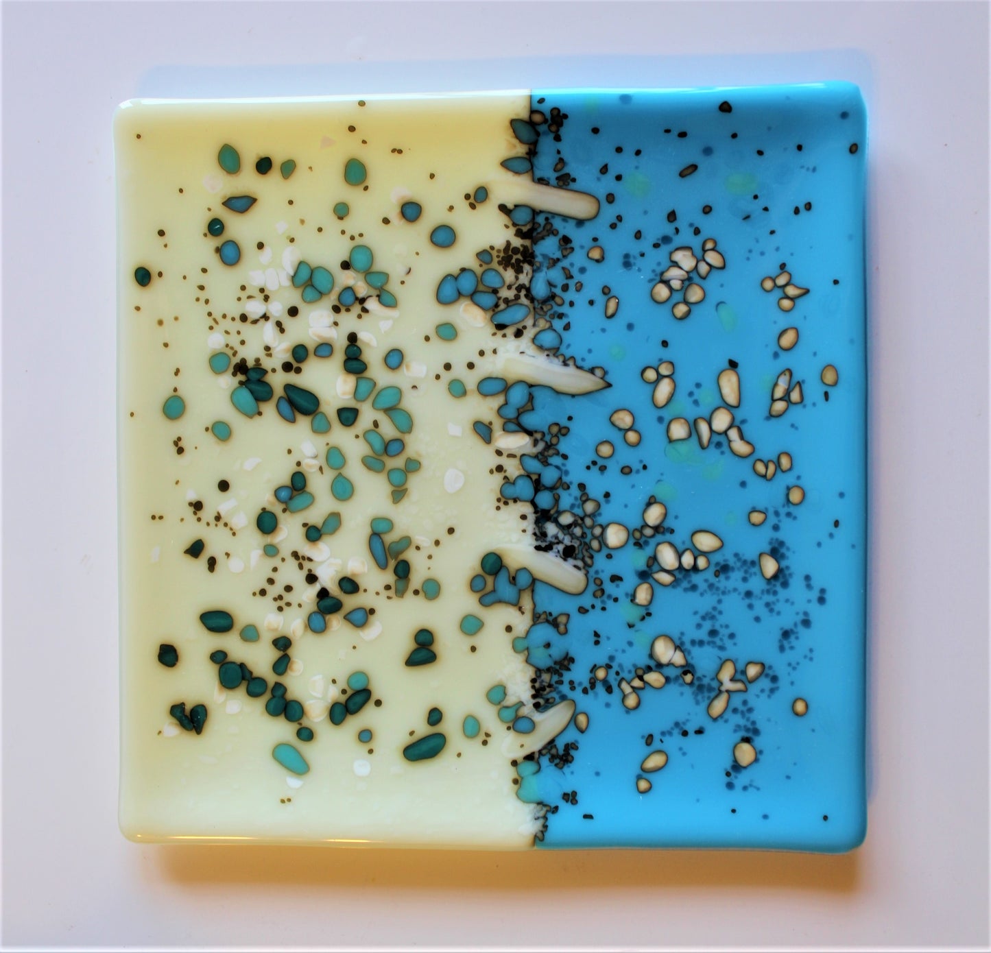 Turquoise and Cream Decorative Plate, Fused Glass Platter, Reactive Glass Plate, Hostess Gift, Square Glass Plate