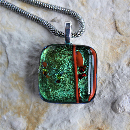 Green Dichroic Square Pendant with Mesh Chain