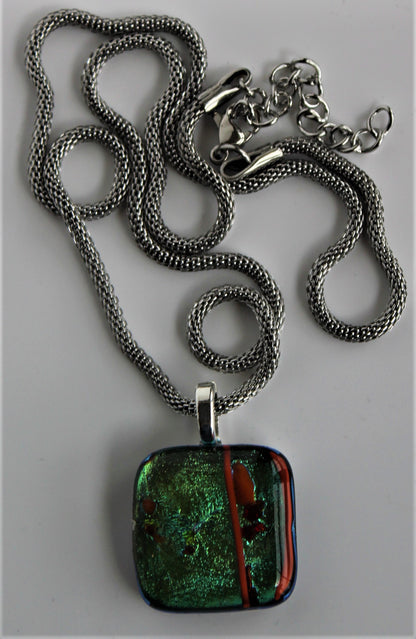 Green Dichroic Square Pendant with Mesh Chain