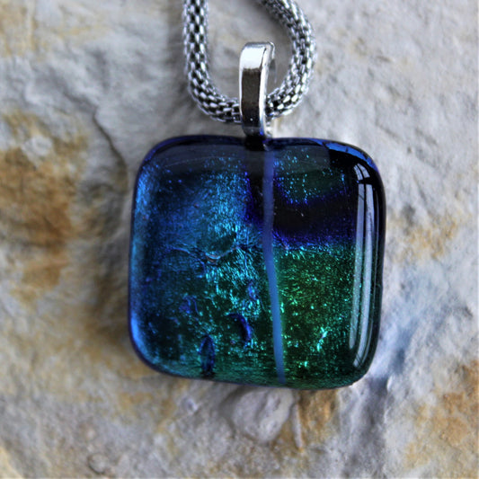 Blue with Green Dichroic Square Pendant with Mesh Chain
