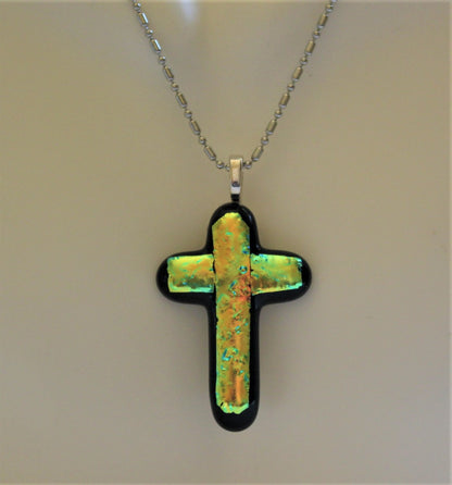 Dichroic Fused Glass Cross Pendant with Ball Chain