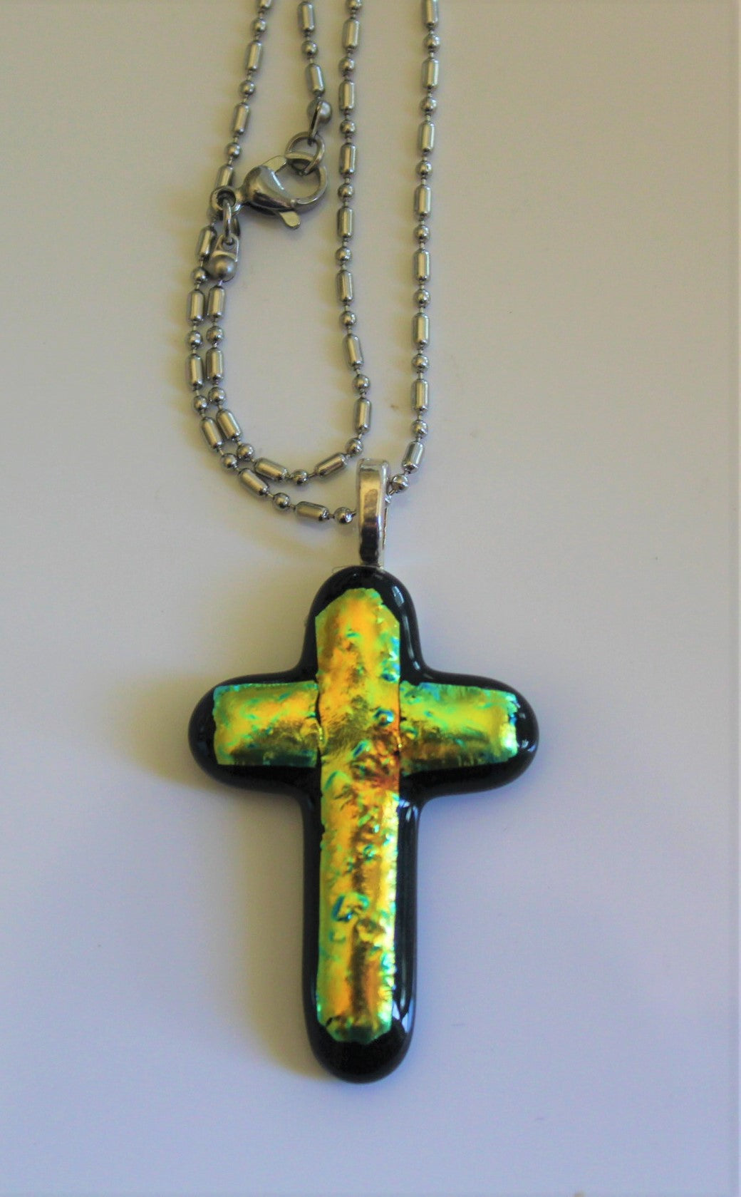 Dichroic Fused Glass Cross Pendant with Ball Chain
