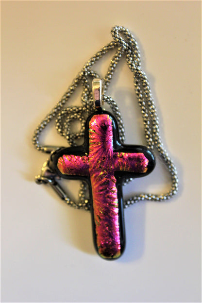 Pink Dichroic Fused Glass Cross Pendant with Stainless Steel Chain