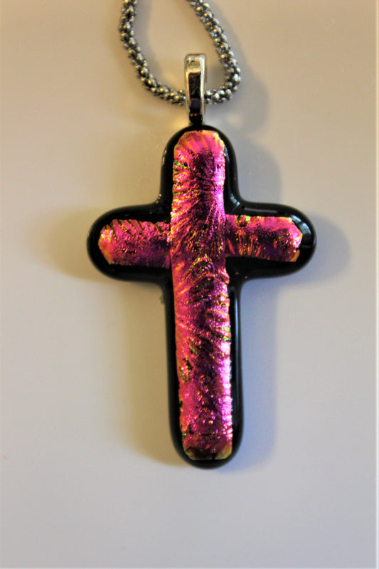 Pink Dichroic Fused Glass Cross Pendant with Stainless Steel Chain