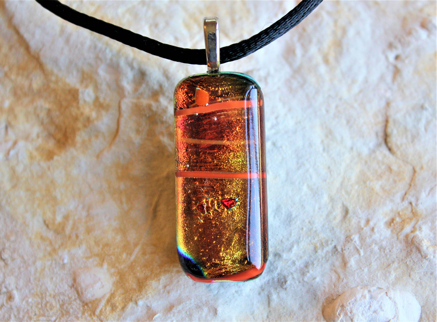 Orange Fused Glass Dichroic Pendant, Dichroic Necklace, Teachers Gift, Fused Glass Pendant with Chain, Gift for