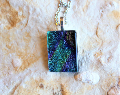 Green Dichroic Pendant, Fused Glass Dichroic Necklace, Teachers Gift, Fused Glass Pendant with Chain, Gift for