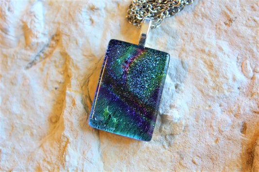 Sparkly Dichroic Pendant, Fused Glass Dichroic Necklace, Teachers Gift, Fused Glass Pendant with Chain, Gift for